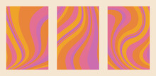 Set Of 1960s Vector Illustration With Liquid Groovy Lines. Vintage Style. Pink, Orange, Purple And Yellow Retro Background. Poster, Giftcard, T-shirt, Stationery