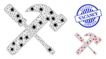 Mesh Polygonal Hammer And Screwdriver Symbols Illustration With Infection Style, And Grunge Blue Round Vacancy Badge.