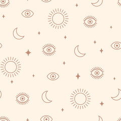 Wall Mural - Seamless mystical pattern with eyes. Vector illustration. Trendy texture for print, textile, packaging. Abstract background. Line art