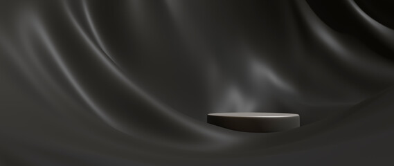 Poster - 3d render of black cloth and podium. Abstract art fashion background. Scene stage platform showcase, product, presentation, cosmetic on podium.