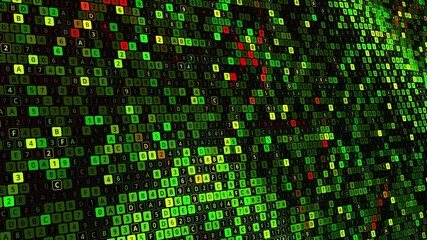 Poster - Abstract computer code animation on black background, seamless loop. Animation. Waving canvas of small squares with blinking digital data.