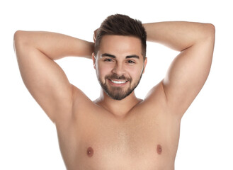 Poster - Young man showing hairless armpits after epilation procedure on white background