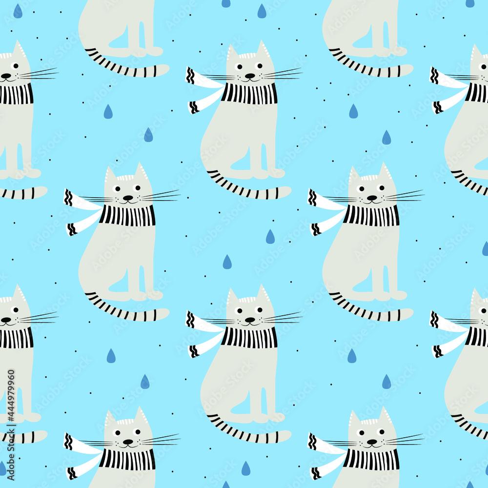 Seamless pattern with funny hand drawn cats. Animals vector ...