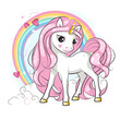 Cute smiling unicorn with pink mane and rainbow.  Illustration  for your design.  Fashion illustration drawing in modern style. Children background. Magic pony.