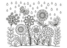 Vector Coloring Book For Adults. Summer Wild Meadow Flowers. Vector Isolated Elements