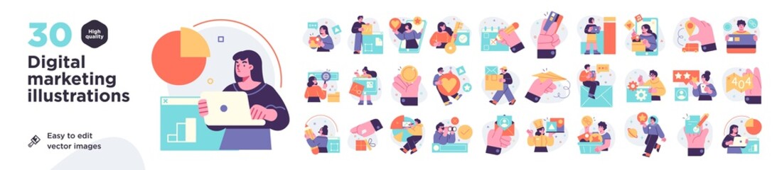 Wall Mural - Digital Marketing illustrations. Mega set. Collection of scenes with men and women taking part in business activities. Trendy vector style