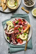 Hot Octopus Salad With Cherry Tomatoes And Lemon