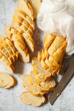 French Style Baguettes Sliced Into Thin Rounds