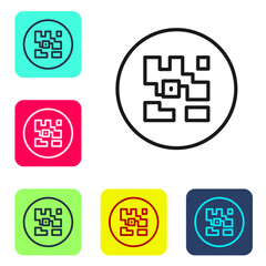 Poster - Black line QR code sample for smartphone scanning icon isolated on white background. Set icons in color square buttons. Vector