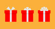 © graphic_arts - Flat gift boxes. Red gift boxes with white ribbons and bows. Set of vector Red boxes on isolated on orange background.