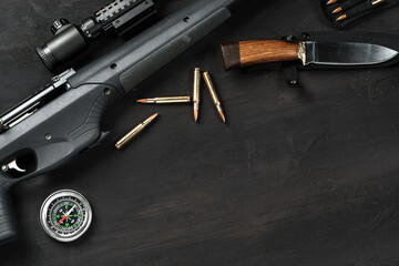 Wall Mural - Hunting rifle and cartridges on dark wooden background