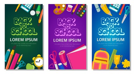 A set of three banners on a school theme with school supplies. The inscription back to school, a place for your text. Vector illustration.
