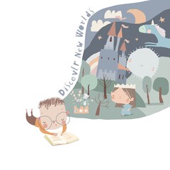 Sticker - Cute Little Boy reading Book and dreaming