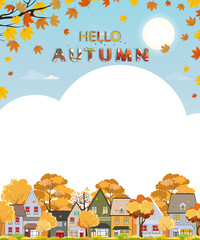 Wall Mural - Autumn landscape in city with copy space, vector illustration panorama view cartoon Fall season in the town with orange foliage,Peaceful panoramic natural in minimalist style, Natural in the city