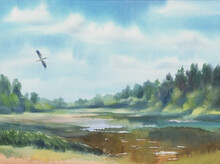 Forest Landscape With A Lake And A Stork In The Sky Watercolor Background