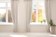 © AntonSh - Stylish empty room in white color with autumn landscape in window. Scandinavian interior design. 3D illustration