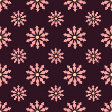 Seamless Pattern Of Pink Ornaments On A Dark Purple Background