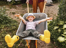Cheerful Child Boy Laughs In A Garden Wheelbarrow In The Summer