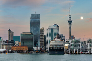 Moon over the skyline of Auckland