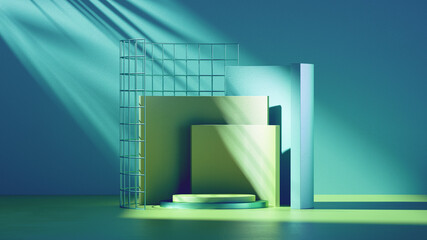 Poster - 3d render. abstract geometric mint green background with primitive shapes, cylinder podium and metal