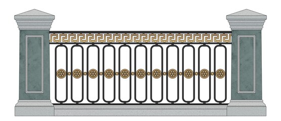 Wall Mural - Classic Iron Railings With Granite Pillars. Meander. Gold Decor. Vintage. Luxury Modern Architecture. Urban Design. Palace. City. Street. Park. Wrought Iron Fence. Handrails. Blacksmithing. Template. 