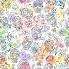 Day Of The Dead  Skulls Pattern. Dia De Los Muertos Print. Day Of The Dead And  Mexican Halloween Texture. Mexican Tradition  Festival. Day Of The Dead Sugar Skull Isolated. Dia De Los Muertos Tattoo 