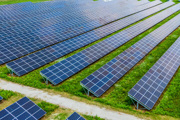 solar panes in a solar park used for clean energy production. aerial view. Drone photo