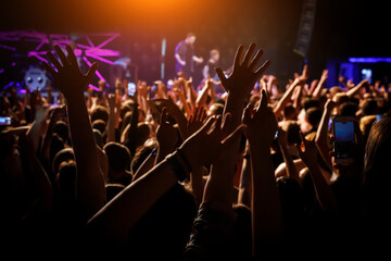 Wall Mural - People at a public event. Crowd with raised hands at a concert.