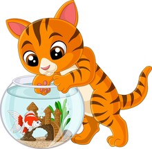 Cartoon Cat Trying To Get A Fish From Aquarium