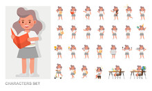 Set Of Children Character Vector Design. Girl Wear White Shirt And Grey Skirt. Presentation In Various Action With Emotions, Running, Standing And Walking.