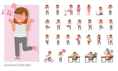 Set of children character vector design. Girl wear white shirt. Presentation in various action with emotions, running, standing and walking.