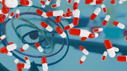 Poster - Multiple medical pills falling against close up of armillary sphere model at laboratory