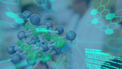 Poster - Chemical structures and data processing against girl holding molecular structure model at laboratory