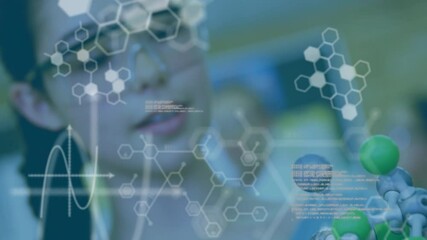 Poster - Chemical structures against caucasian girl touching molecular structure model at laboratory