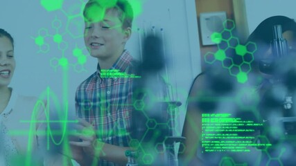 Poster - Chemical structures and data processing against group of students studying at laboratory