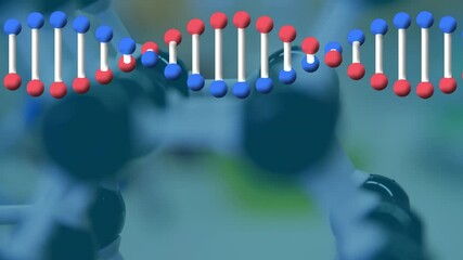 Poster - Dna structure spinning against close up of multiple equipment at laboratory