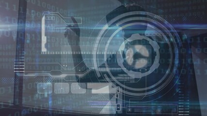 Poster - Animation of scope scanning and binary coding over man wearing vr headset
