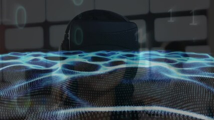Poster - Animation of waves of binary coding over woman wearing vr headset