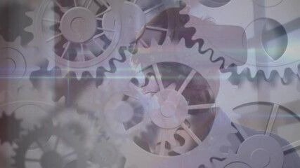 Canvas Print - Animation of cogs moving over man wearing vr headset