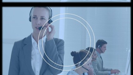 Poster - Animation of screens and circles over business people wearing phone headsets