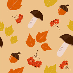 Wall Mural - Autumn seamless pattern with mushrooms, berries, leaves and acorns