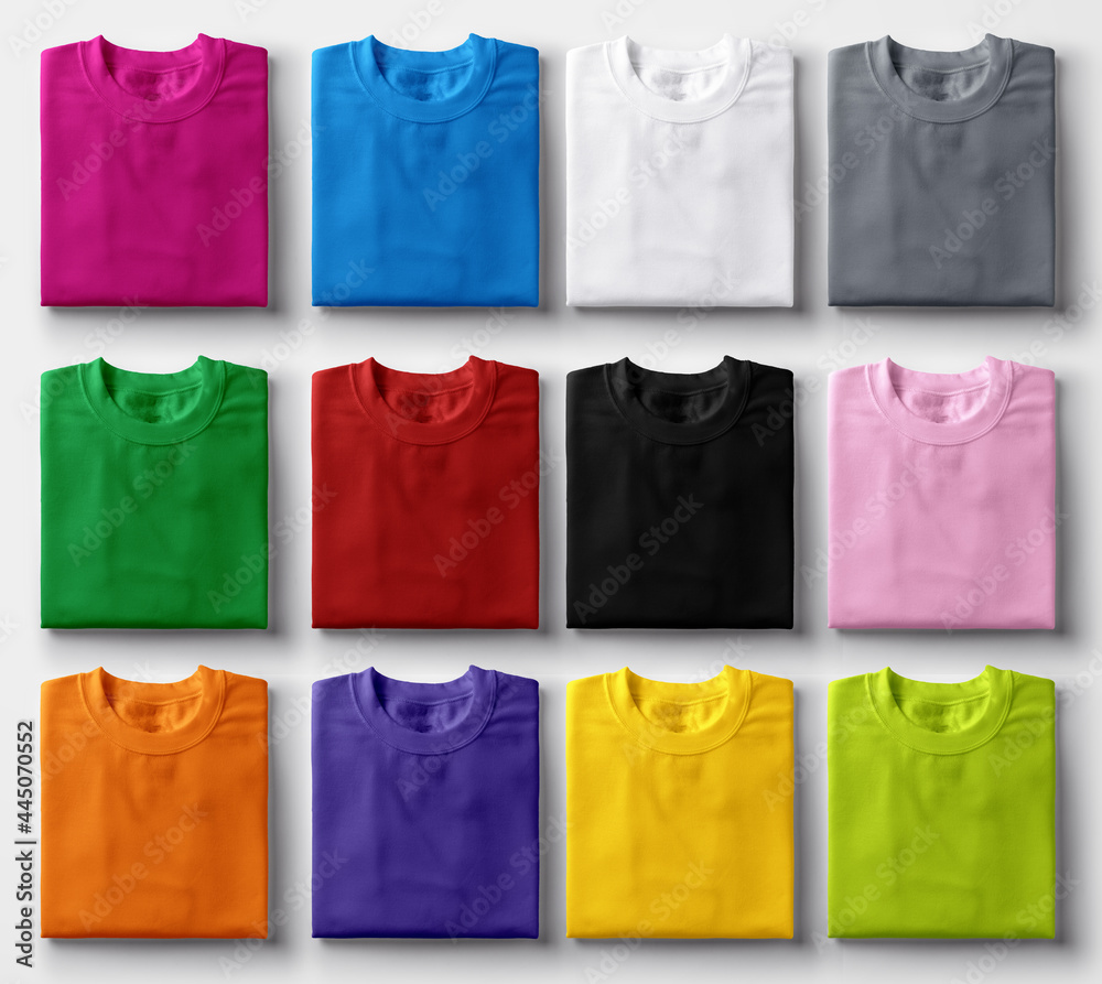 Folded colorful t-shirts on white background. - obrazy, fototapety, plakaty 