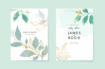 Wall Mural - Minimal green tropical Wedding Invitation, floral invite thank you, rsvp modern card Design in Blue Geometric shape with golden line decorative Vector elegant rustic template