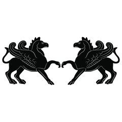 Symmetrical design with two antique griffins. Fantastic mythological animal. Black and white negative silhouette. Winged lion or horse with eagle's beak.