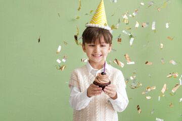 Poster - Cute little boy celebrating Birthday on color background