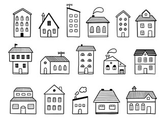 Poster - House doodle set. Hand drawn sketch style. House building with roof. Vector illustration for home icon, village, city element.