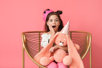 Poster - Cute little girl celebrating Birthday on color background