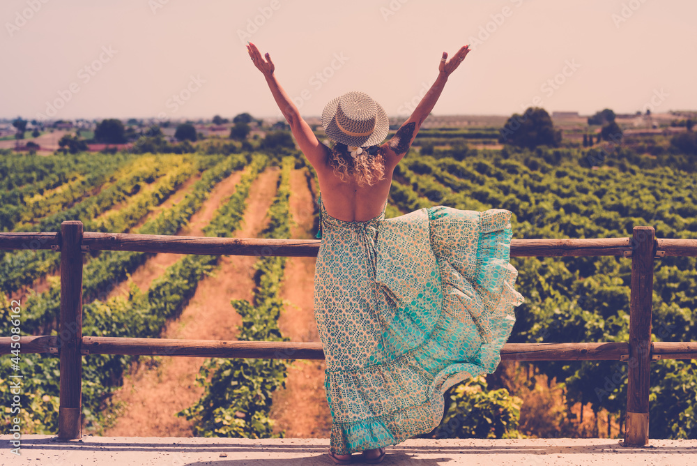 Trendy boho chic style back of woman opening arms for freedom feeling in front of a beautiful vineyard landscape - concept of outdoor and travel people lifestyle - fashion female dress back viewed - obrazy, fototapety, plakaty 