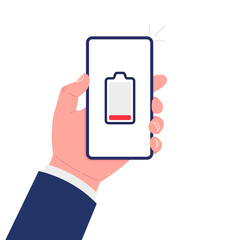Poster - Hand holding smartphone with low battery on the screen.Vector illustration.