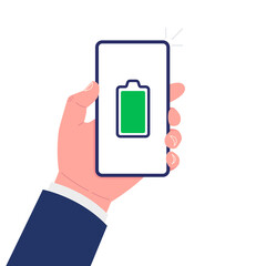Poster - Hand holding smartphone with full battery on the screen. Vector illustration.